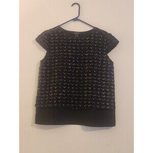Ann Taylor Black Textured Sequin Cap Sleeve Blouse Top Small